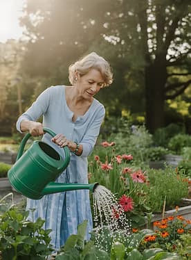 Gardener watering a thriving backyard garden